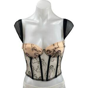 Women's Beige Black Mesh Corset Bustier Cap Sleeve Lady Stitch Crop Top Size S